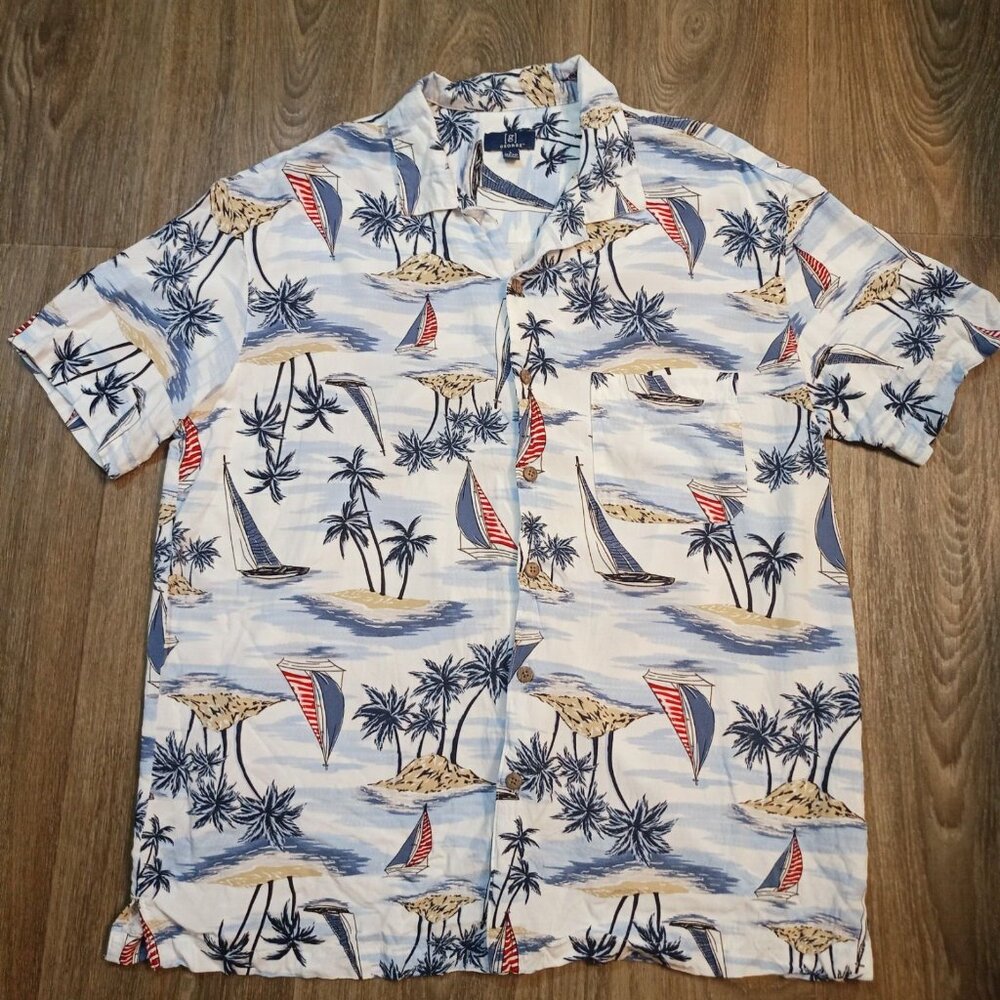 George Mens Button Shirt Palm Trees Boat Island Beach Tropical Blue Large 42-44